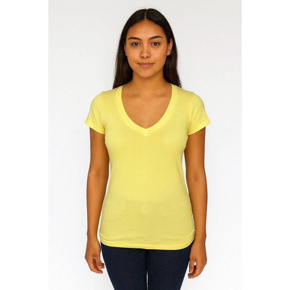 Bozzolo Solid Yellow Short Sleeve Shirt V Neck Cotton Blend Stretchy size m